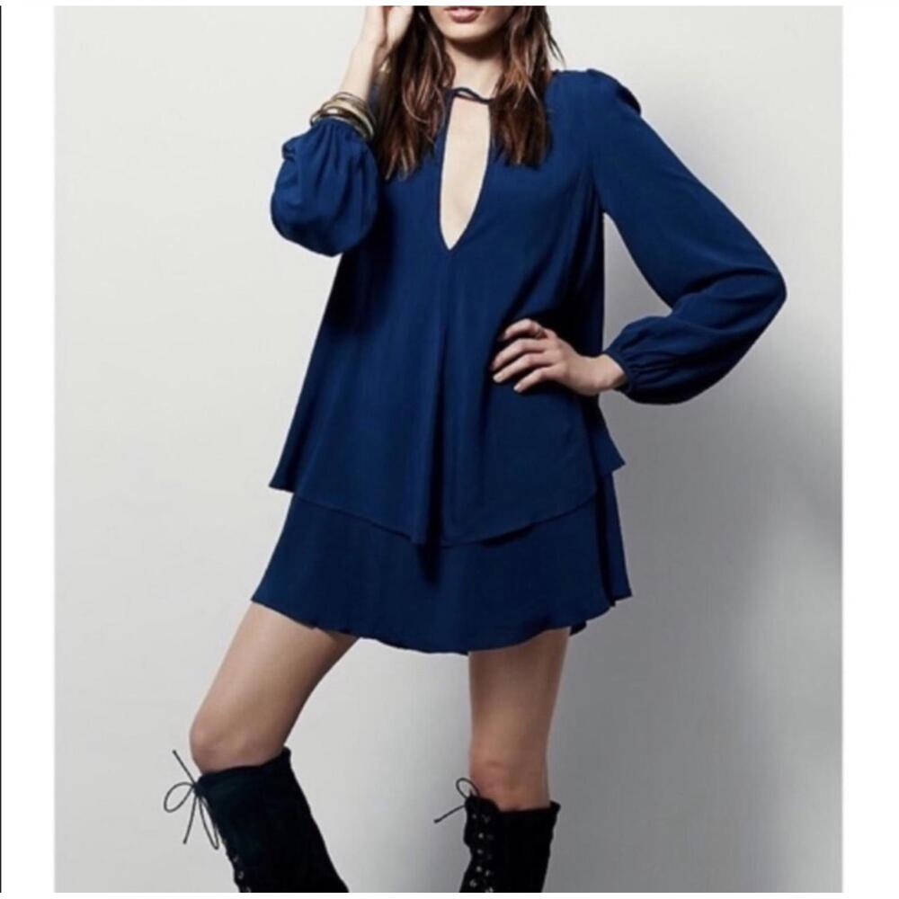 Free People Beck Swing Mini Dress Blue Plunge Neck Long Sleeve — Small